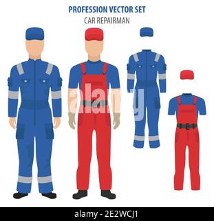Profession and occupation set.Car repairman`s equipment, car repair station staff uniform flat design icon. Vector illustration Stock Vector